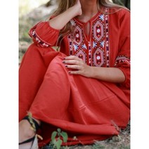 프렌치 휴양지 꽃무늬 롱 하객 플로랄 프릴 블라우스 패션 코튼 린넨 봄 여름 Boho 휴가 드레스 패턴 자수 목 빨간 넥타이 소매 공장 아울렛