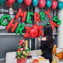 메리 크리스마스 실속 파티 토퍼 포함 풀 세트 (펄풍선+이니셜풍선+눈사람풍선+케이크토퍼), 레드+그린+ 토퍼: 골드