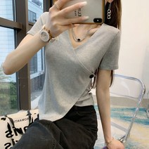Baiwife 언밸런스 크로스 반팔 티셔츠 여 슬림핏 탑 걸