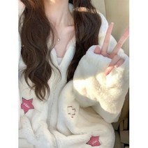 Y2K 화이트 집업 자켓 세련 자수 오버사이즈 코트 겨울 후리스 푹신한 두꺼운 아우터 후드