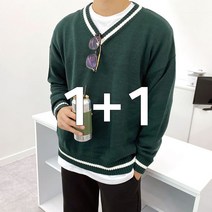[ 1+1 2장묶음 ] 데일리 무지 라인 V넥 니트 티셔츠 6color 95-105