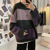 가을 겨울 남자 라운드 니트 배색 스웨터 루즈핏 남친룩 소개팅룩