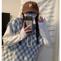 돌돌이니트 바둑판 체크 스웨터 여성 봄가을 키치한 디자인감각 보이핏 볼륨 학원 무드 니트조끼 2420315044