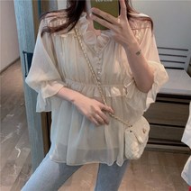 앞셔링 프릴 러플 쉬폰 블라우스 러블리 20대 화이트 스타일리쉬한 여자 브라우스 가벼운 예쁜 기본 상의 오피스 결혼식 하객 데이트 룩 우아한 고급진 카라 넥 정장 이너 레이어드