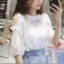 KORELAN 봄 여름 루즈한 화이트 오프숄더 반팔 블라우스