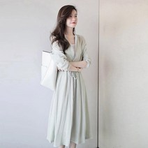 봄가을 셔츠 원피스 빈티지 브이넥 롱스커트MJS23020427