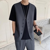더폴 루즈 남자 싱글 버튼 정장 조끼 여름 재킷 코디