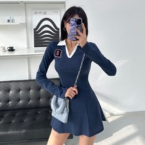 [유유존] 디코이원피스 V넥 긴팔 카라 배색 프린팅 슬림 꾸안꾸