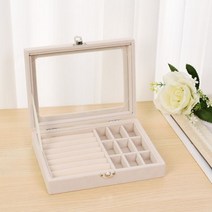 벨벳 그레이 유리 커버 보석 반지 디스플레이 상자 트레이 홀더 보관 상자 정리 귀걸이 반지 팔찌 운반 케이스, Beige-Style02