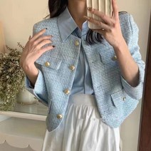 나인포시즌 프리닝 소라색 하늘색 결혼식 하객룩 정장 모임룩 엄마돌잔치 상견례 옷차림 봄 간절기 긴팔 노카라 트위드 자켓