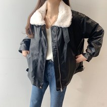 퍼 안감 카라 오버핏 레더 라이더 자켓