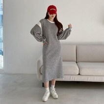 다잇템 [다잇템] 여자 컬러블럭 벌룬긴팔 빅사이즈 U넥 롱원피스