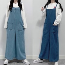 매일리룩 빅사이즈 두줄 끈 와이드 데님 청 멜빵 점프수트