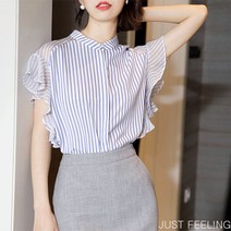 JUST FEEL!NG 블루 스트라이프 쉬폰 블라우스 여성반팔 여름신상 빅사이즈 프릴 셔츠 오피스룩