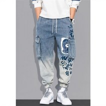 빅 주머니 데님 바지 남성 캐주얼 프린팅 청바지 사이즈