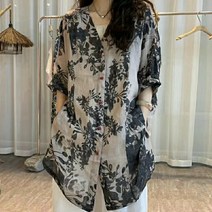 로브가디건 황금가면 이효리로브 인쇄 된 면화 및 린넨 셔츠 여성의 중간 길이 복고풍 문학 꽃 패션 홍콩 스타일 카디건 루즈핏 탑 19
