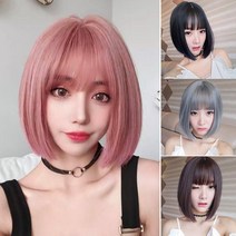 보브컷 단발 가발 단발머리 앞머리 풀뱅 똑단발 커트, 핑크, 1개