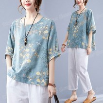Sunflower House 중년여성의류 40 50대 여성 루즈핏 5부 린넨 반팔 블라우스