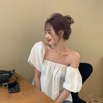 옷자락 [옷자락] 여자 휴양지 밴딩 오프숄더 셔링 반팔 블라우스, WSH8596_화이트/FREE