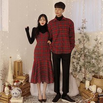 윈터 커플 시밀러룩 웨딩촬영 커플룩 체크무늬 원피스 크리스마스 드레스 셋, 검은 바지