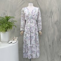 행복여[신상무배]포닝 플라워 허리 끈 조절 브이넥 쉬폰 원피스
