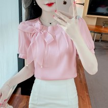 벌룬블라우스 프릴블라우스 핑크 쉬폰 여성 여름 퍼프슬리브셔츠
