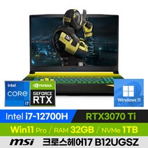[사은품 증정!] MSI 크로스헤어17 B12UGSZ 12세대 고사양 배그 롤 게이밍 노트북 (코어i7-12700H/RTX3070Ti), CROSSHAIR 17 B12UGSZ, 윈도우 포함, 32GB, 1TB, 코어i7, 블랙