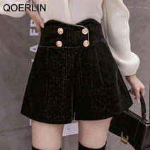 패딩반바지 여성 골프반바지 Qoerlin 겨울 셔닐 반바지 모직 반바지 높은 허리 버튼 백 지퍼 짧은 바지 블랙 버뮤다 반바지