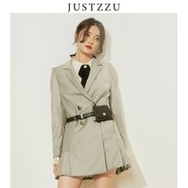 JUSTZZU 여성 재킷 정장 레이디 사무실 작업 포켓 코트 슬림 블랙 팜므 미니 드레스