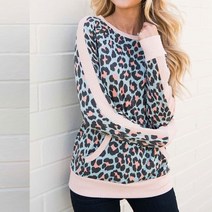 명양피프 주머니포켓 긴팔소매 여성 라운드 호피무늬 표범 티셔츠 m1624