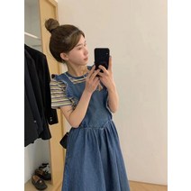 여름 프릴 나시 뷔스티에 주름 롱청원피스 뒷지퍼 민소매 데님 드레스 엄마등원룩