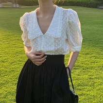 여름 꽃 펀칭 레이스 블라우스 세련된 퍼프 반팔 셔츠 피터팬 칼라