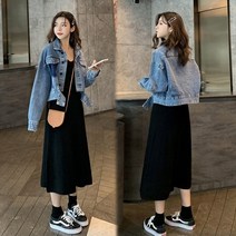 여성 가을 원피스 옷 2023 약간 뚱뚱한 자매 하이 엔드 소금 스타일 착용 배와 슬리밍 드레스 데님 재킷 투피스 세트