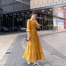 쉬폰 허리 스트링 롱원피스 가벼운 선녀 롱스커트 봄 삼단 패치 주름 지나감