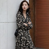 포그니 여자 데일리 화사한 플라워 패턴 허리끈 롱 원피스