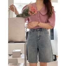 여성카라블라우스 크롭 청남방 소라색셔츠 린넨 40대미시쇼핑몰