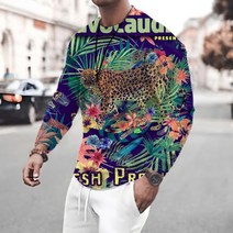 남성 스트리트 패션 긴 소매 티셔츠 타이거 프린트 o넥 정글 레오파드 셔츠 오버사이즈
