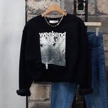 상상그이상 여성용 국내제작 위캔드 맨투맨 기모안감 세미크롭 기장 다리가 길어보이는 유니크한 프린팅 포인트 가성비 좋은 가볍고 따뜻한 특양면소재 패딩안에 입기좋은꾸안꾸룩