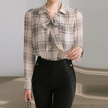스타일온미 모에드 체크 쉬폰 리본 블라우스