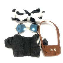 PKTOYS DIY 행운 예쁘다 귀여 오가닉 말하는볼 빵빵덕 오리 인형 옷 애착 생일 선물 Y12, 암소 헤어 벨트 그레이 카디건 브라운 백 선글라스, 30cm 인형을 위해 적당한