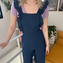 키작녀 와이드 8부 어깨프릴 데님 멜빵바지 점프수트