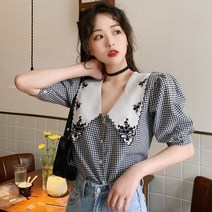 포린박스 빅카라 플라워 자수 브이넥 반팔 체크 블라우스 SY