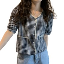 데이홀릭 드로미 체크 벌룬블라우스