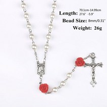 천주교 5단 묵주 목걸이 rosary 구슬 모조 진주 십자가 십자가 펜던트 rose catholic jewelry first Holy communion gift t8de, 쇼로, 은, 70cm