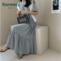 런메시Runmecy 여름 원피스 라운드 린넨 루즈핏 셔링 반팔 원피스
