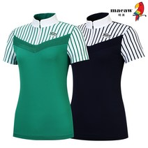 (여성)브이 배색 스트라이프 패턴 반집업 티셔츠_MIW2TH64