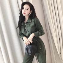 밀리터리 카고 투포켓 집업 봄 가을 긴팔 벨티트 카키 점프수트
