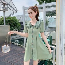퐁순싸롱 레이스 카라 앞단추 민트 플레어 체크 미니 원피스 YJ