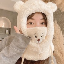 겨울 보디히트 헤드커버 여전기차 겨울 장비 방한 방풍 마스크 라이딩 스키 기모 두꺼운 목도리, 곰마스크원피스모자화이트(벨벳짙은), 기본