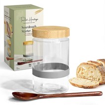 Sourdough 스타터 병 946.4ml32온스 나무 스푼 및 실리콘 밴드가 있는 사워도우 두껍고 내구성이 유리 키트 대나무 뚜껑 포함 식기 세척기 사용 가능 빵 만들기용 베이킹